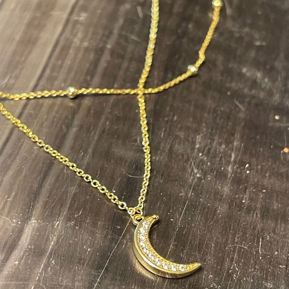 Sterling Silver Gold Plated Crescent Moon Double Strand Crystal Necklace - Picture 4 of 11